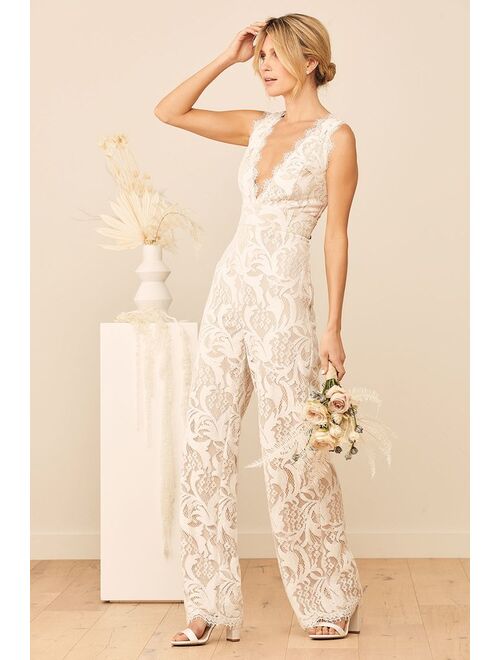 Lulus Enamored With You White Lace Wide-Leg Jumpsuit