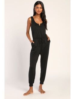 Easy as Can Be Black Sleeveless Drawstring Lounge Jumpsuit