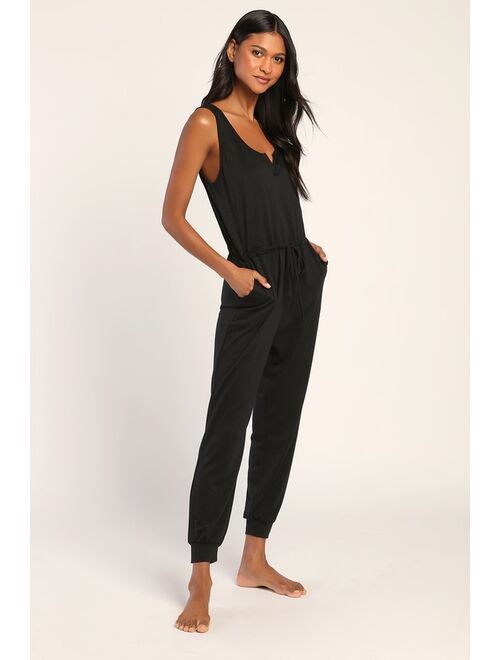 Lulus Easy as Can Be Black Sleeveless Drawstring Lounge Jumpsuit