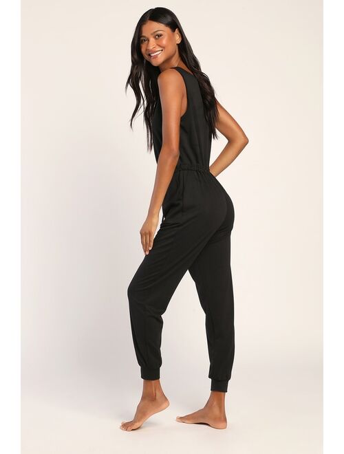 Lulus Easy as Can Be Black Sleeveless Drawstring Lounge Jumpsuit