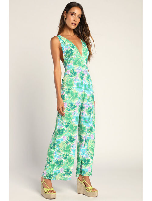 Lulus Jump into Blossom Green Floral Print Wide Leg Jumpsuit
