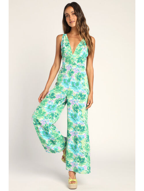 Lulus Jump into Blossom Green Floral Print Wide Leg Jumpsuit