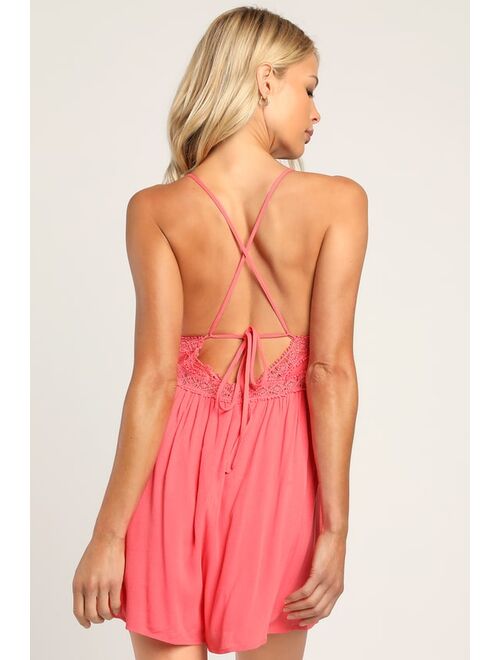Lulus Endless Afternoons Coral Pink Lace-up Backless Romper