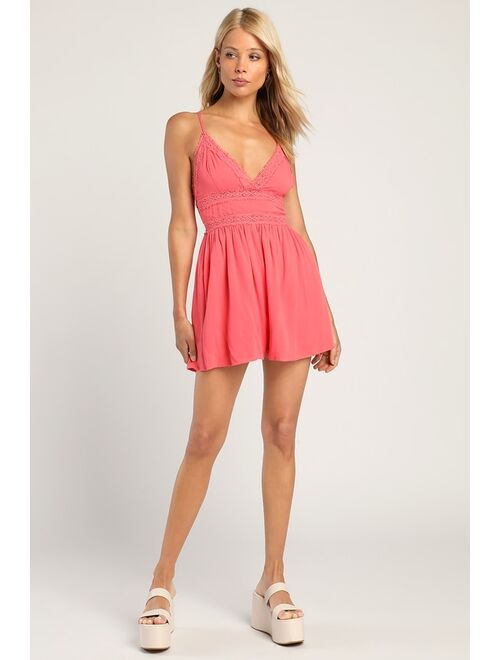 Lulus Endless Afternoons Coral Pink Lace-up Backless Romper