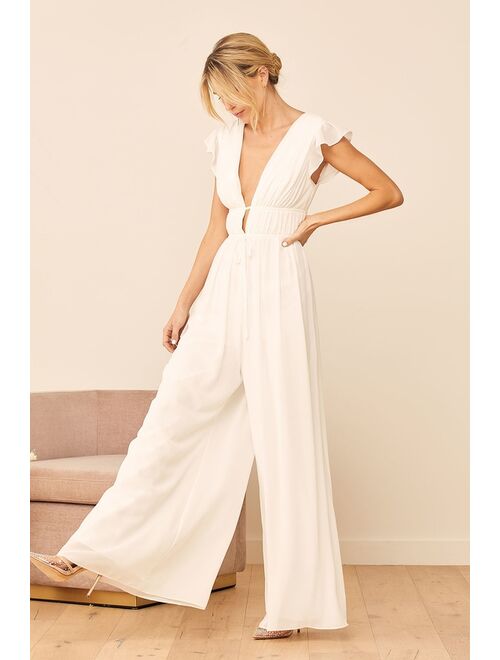 Lulus Our Love Song White Ruffled Wide-Leg Jumpsuit