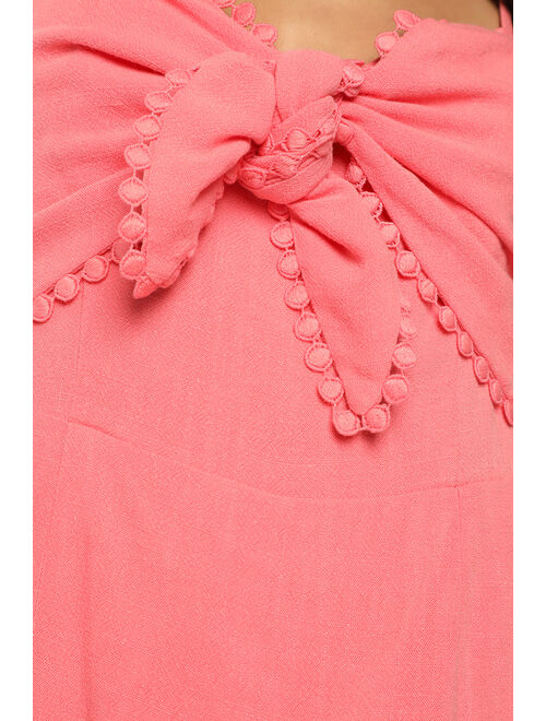 Lulus Long Story Skort Coral Pink Tie-Front Skort Romper