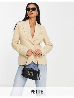 Petite wrap over cinched blazer in beige - part of a set