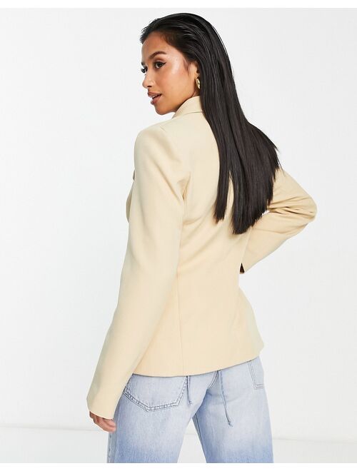 River Island Petite wrap over cinched blazer in beige - part of a set