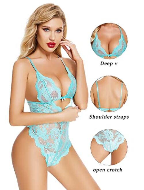 ADSEXY Lace Women Lingerie Sexy Naughty Floral Teddy One Piece See Through Bodysuits Deep V Neck Backless Mini Babydoll