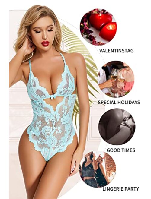 ADSEXY Lace Women Lingerie Sexy Naughty Floral Teddy One Piece See Through Bodysuits Deep V Neck Backless Mini Babydoll