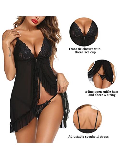 Avidlove Babydoll Lingerie for Women Lace Front Closure Lingerie V Neck Nightwear Sexy Chemise Nightie
