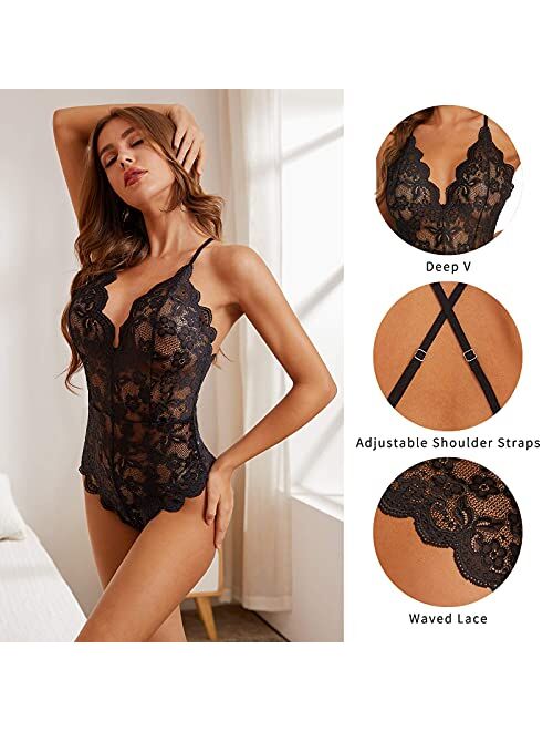 ADSEXY See Through Lingerie Sexy Lace Teddies Floral One Piece Bodysuit Women Exotic Sheer Underwear Mini Mesh Babydoll