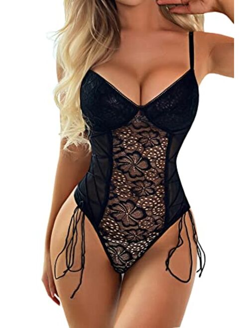 Aranmei Women Sexy Lace Up Teddy Lingerie Bodysuit Floral Embroidered Mesh Sheer One Piece Cut Out