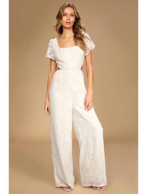 Lulus Romantic Desire Ivory Floral Burnout Tie-Back Jumpsuit