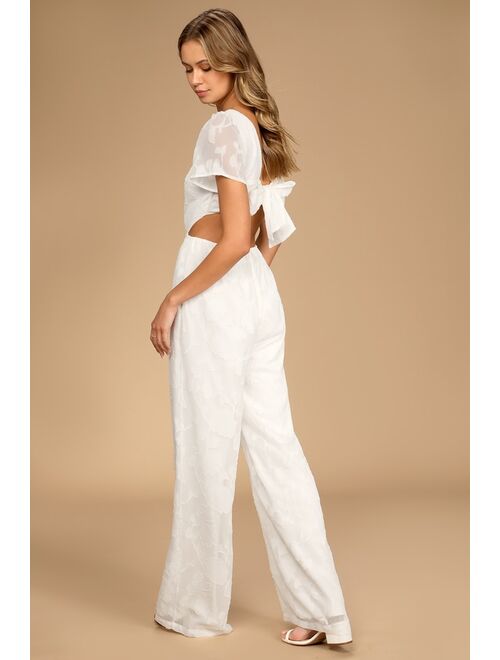 Lulus Romantic Desire Ivory Floral Burnout Tie-Back Jumpsuit