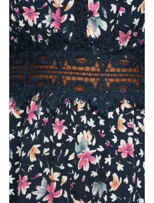 Lulus Bloom Appeal Navy Blue Floral Print Culotte Jumpsuit