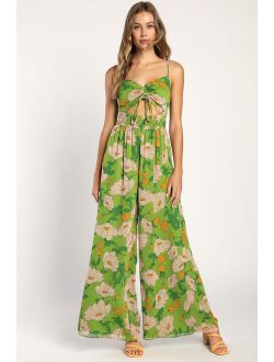 Garden of Plenty Green Floral Print Cutout Wide-Leg Jumpsuit