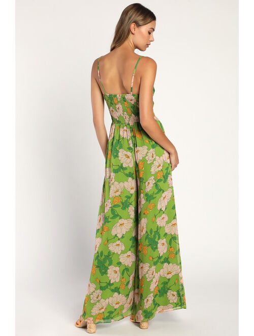 Lulus Garden of Plenty Green Floral Print Cutout Wide-Leg Jumpsuit