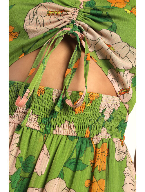 Lulus Garden of Plenty Green Floral Print Cutout Wide-Leg Jumpsuit