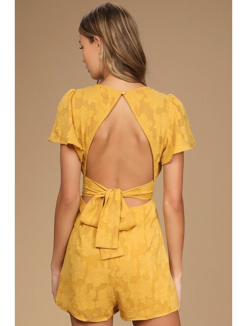 Lulus Lovely Times Yellow Floral Burnout Backless Romper