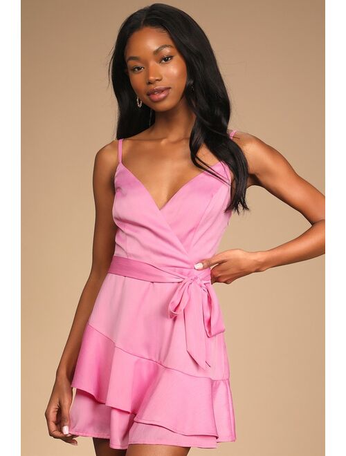 Lulus Love That Blooms Pink Satin Ruffled Skort Romper