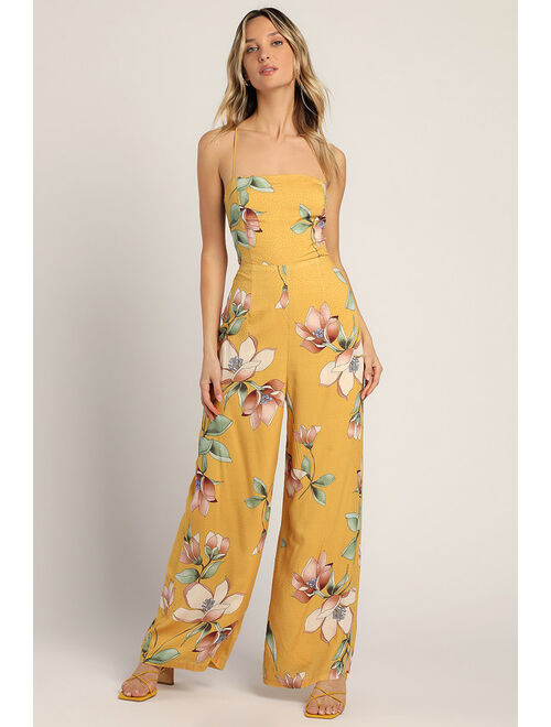 Lulus Love the Weather Yellow Floral Print Jacquard Lace-Up Jumpsuit