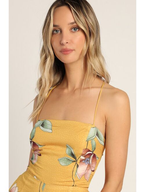 Lulus Love the Weather Yellow Floral Print Jacquard Lace-Up Jumpsuit