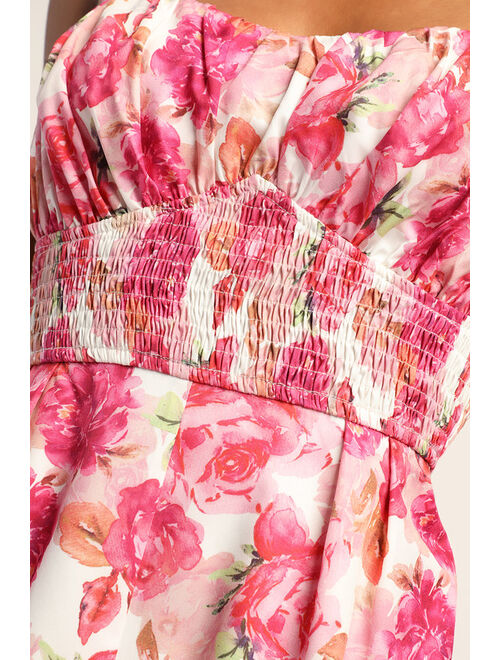 Lulus Bloom Bright Pink Floral Print Tie-Strap Smocked Romper