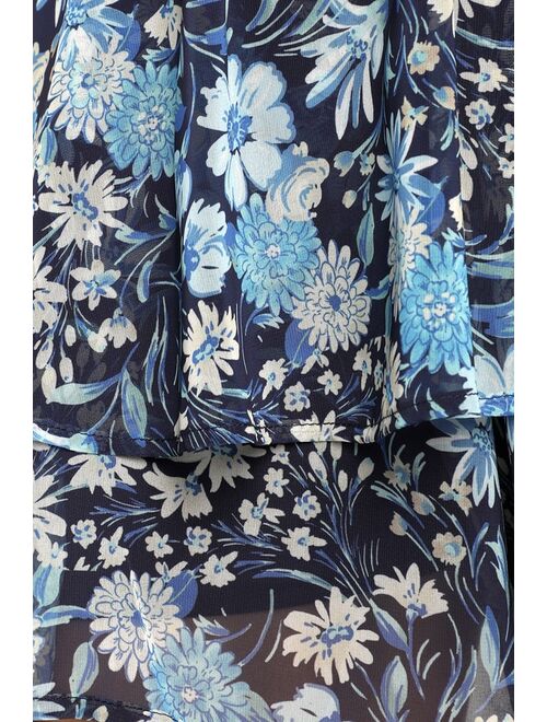 Lulus Fit To Flirt Blue Floral Print Chiffon Strappy Back Skort Romper