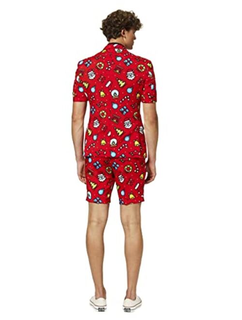Opposuits Christmas Print Suit |Slim Fit |Short Sleeved Blazer Jacket, Shorts & Tie
