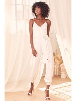 Lovely As Can Be White Satin Surplice Jumpsuit