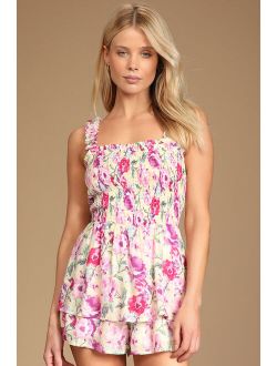 Remind Me of Romance Yellow Floral Ruffled Smocked Romper