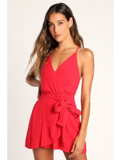 Cue the Chic Red Faux-Wrap Romper