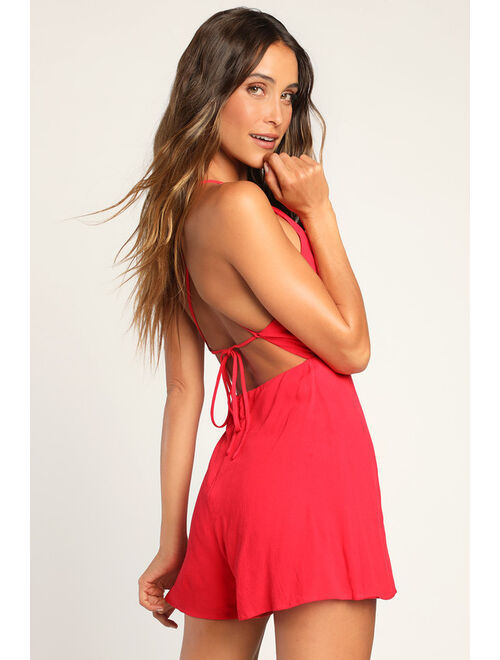 Lulus Cue the Chic Red Faux-Wrap Romper