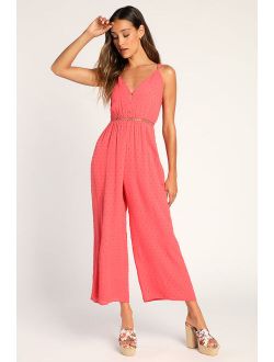 Sunny and Chic Coral Pink Swiss Dot Backless Jumpsuit