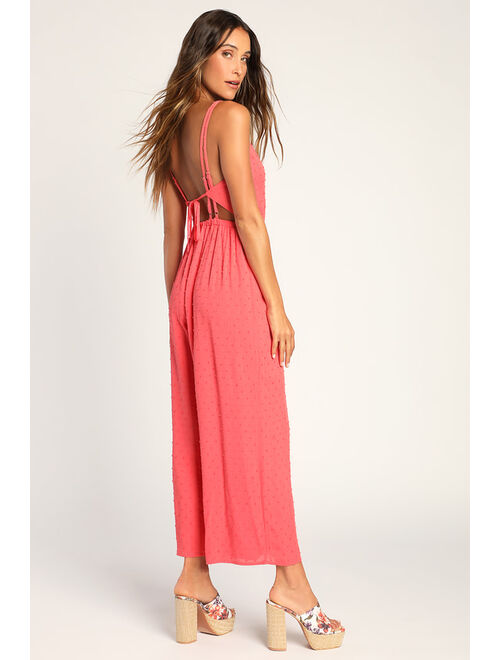 Lulus Sunny and Chic Coral Pink Swiss Dot Backless Jumpsuit