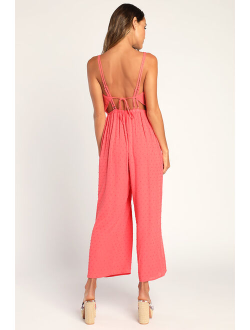 Lulus Sunny and Chic Coral Pink Swiss Dot Backless Jumpsuit