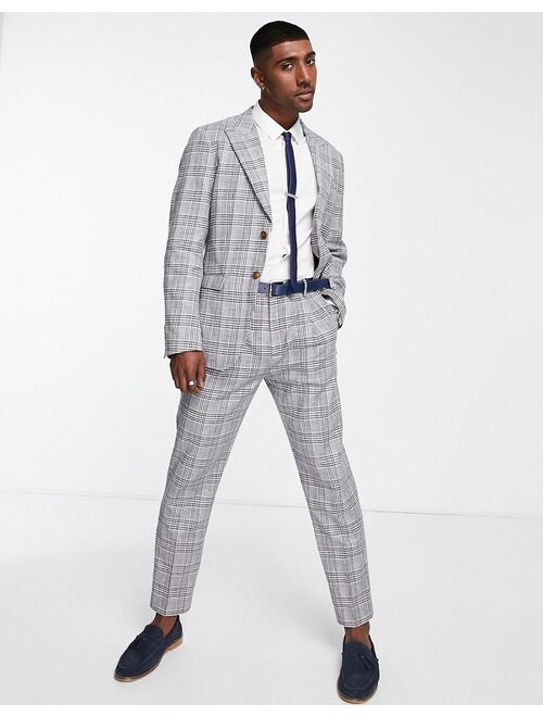 Selected Homme slim fit suit jacket blue check linen mix