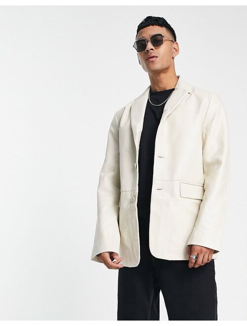 ASOS DESIGN real leather blazer jacket in ecru