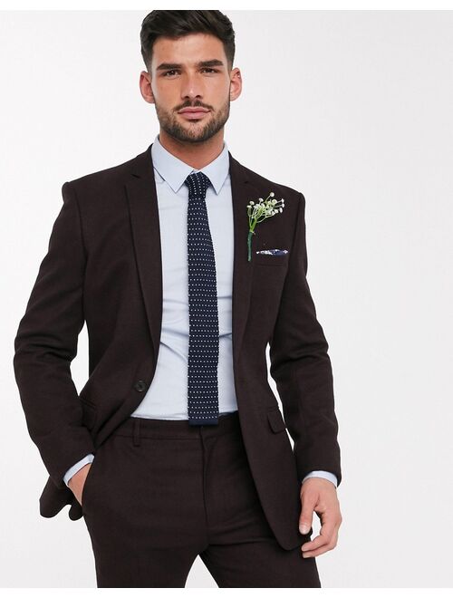 ASOS DESIGN wedding skinny suit jacket in wool look in burgundy