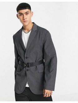 oversized suit jacket in charcoal with black webbing belt