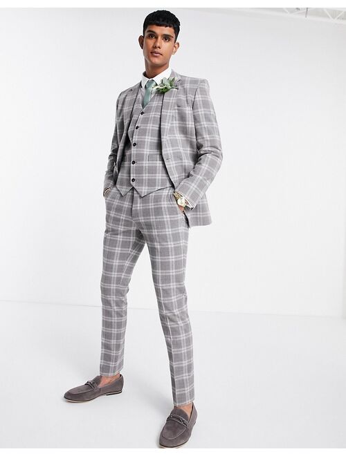 ASOS DESIGN skinny wool mix suit vest in gray tartan plaid