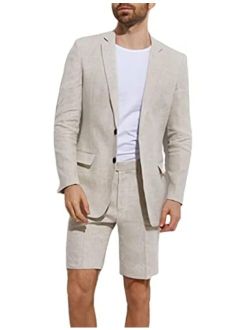 Wangyue Men's Linen 2 Piece Suits Set Blazer Short Pants Slim Fit Casual Summer Beach Suit