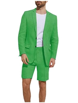 Wangyue Men's Linen 2 Piece Suits Set Blazer Short Pants Slim Fit Casual Summer Beach Suit
