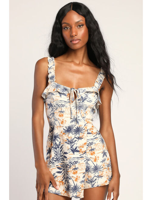 Lulus Weekend Fun Beige Multi Print Tie-Front Ruffled Skort Romper