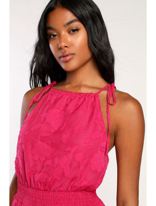Lulus Here for the Fun Magenta Burnout Floral Jacquard Romper