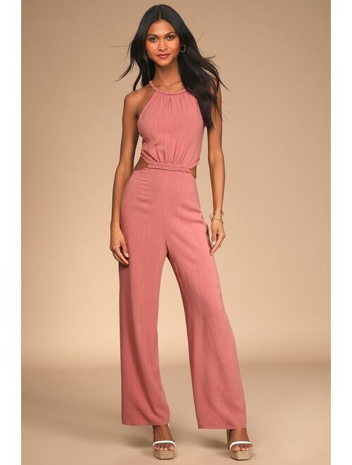 Lulus Sweet for the Soiree Rose Pink Tie-Back Wide-Leg Jumpsuit