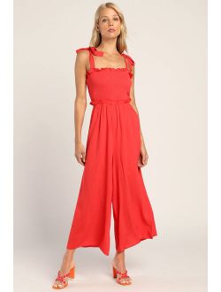 Perfect Moments Bright Red Smocked Tie-Strap Culotte Jumpsuit