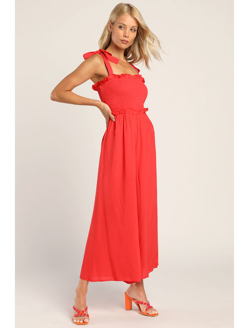 Lulus Perfect Moments Bright Red Smocked Tie-Strap Culotte Jumpsuit