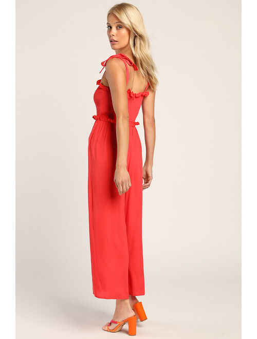 Lulus Perfect Moments Bright Red Smocked Tie-Strap Culotte Jumpsuit